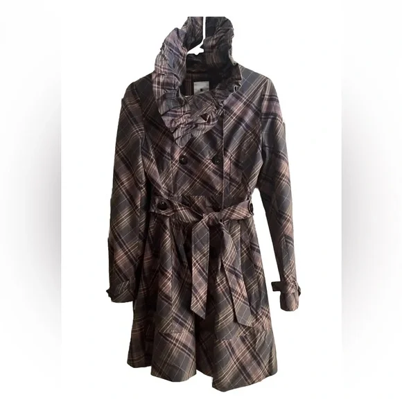 Anthropologie Elevenses Brown Puckered plaid trench coat jacket size 6 - Picture 4 of 9